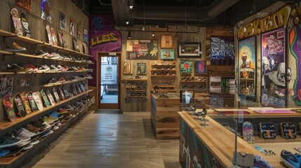 A colorful, well-lit skate shop features a wide array of skateboards, shoes, and accessories neatly displayed on wooden shelves and walls.