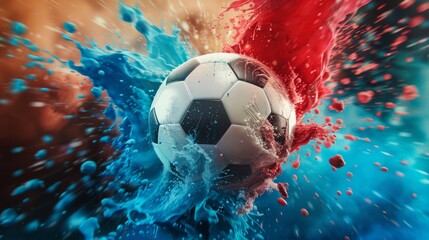 soccer ball in an explosion of blue, white and red color in creative effect, soccerball flying in...