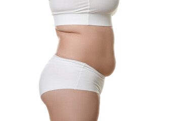 Woman with excessive belly fat on white background, closeup. Overweight problem