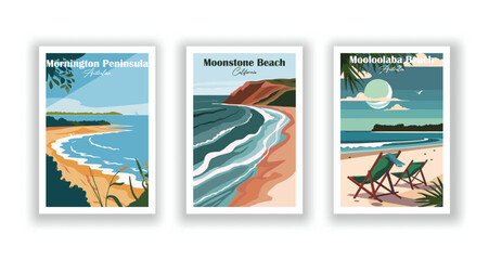 Mooloolaba Beach, Australia, Moonstone Beach, California, Mornington Peninsula, Australian - Set of 3 Vintage Travel Posters. Vector illustration. High Quality Prints