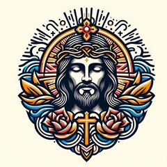A graphic of a jesus christ with a crown of thorns and flowers image has illustrative image realistic.