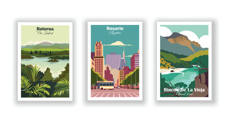 Rincon De La Vieja, National Park, Rosario, Argentina, Rotorua, New Zealand - Set of 3 Vintage Travel Posters. Vector illustration. High Quality Prints