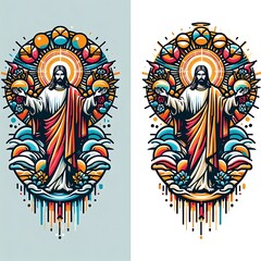 A jesus christ holding a fruit and a jesus christ holding a fruit art lively card design used for printing image.