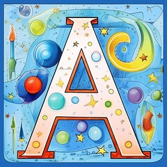 Alphabet letter A in space with planets, stars and comets