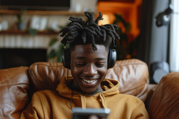 A happy and funny African American teen guy, representative of Gen Z hipster culture, wears headphones as he dances at home. He's immersed in the music playing on his mobile phone, feeling funky and