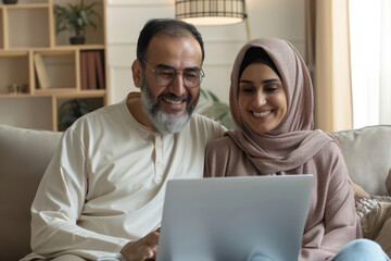 A happy Arabian middle-aged couple is using a laptop together while relaxing on the couch at home. The smiling mature man and woman glance at the computer screen, watching a video, browsing, or