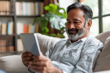 A happy Indian middle-aged man is using a digital tablet while relaxing on the couch at home. The mature male user holds the tablet computer, sitting on the sofa in the living room and looking away.