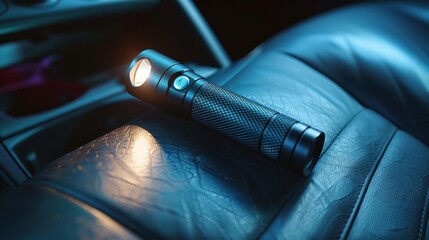 A black flashlight is on a leather car seat