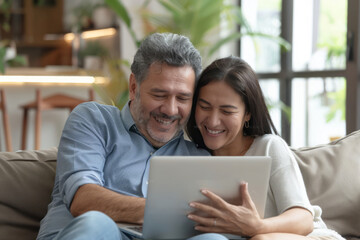 A happy Latino middle-aged couple is using a laptop together while relaxing on the couch at home. The smiling mature man and woman gaze at the computer screen, watching a video, browsing, or shopping