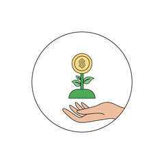Hand nurturing a money plant icon in a circle