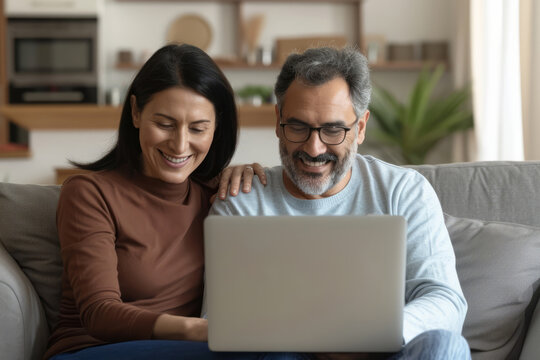 A happy Latino middle-aged couple is using a laptop together while relaxing on the couch at home. The smiling mature man and woman gaze at the computer screen, watching a video, browsing, or shopping - Powered by Adobe