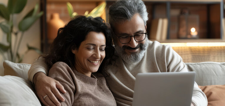 A happy Latino middle-aged couple is using a laptop together while relaxing on the couch at home. The smiling mature man and woman gaze at the computer screen, watching a video, browsing, or shopping