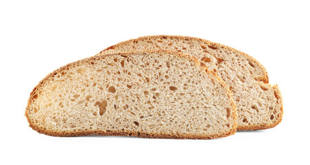 Slices of freshly baked sourdough bread isolated on white