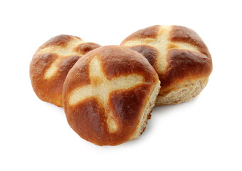 Tasty hot cross buns isolated on white