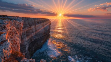 A beautiful sunset over the ocean with a cliff in the background