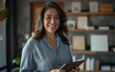 A smiling Latino mature businesswoman executive, a content 40-year-old company HR, confidently holds a digital tablet and looks at the camera while standing in her office at work. Portrait.