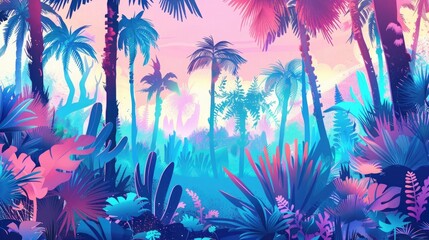 Fototapeta na wymiar tropical jungle scene, vector illustration, neon colors, white background, pink and blue tones, palm trees, cacti, plants, grasses, flowers, detailed, vibrant, colorful, fantasy art style,