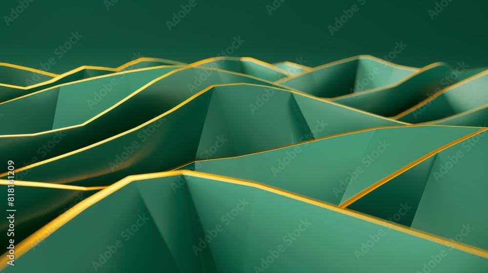 Poster an elegant abstract image of green paper with gold edges folded into wave-like structures on a dark 