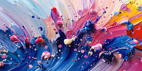 Wallpaper Background Vibrant Abstract Dynamic Symphony of Textured, Blue, Orange, Purple, and Pink Oil Paint Splashes and Strokes. Generative AI Image.