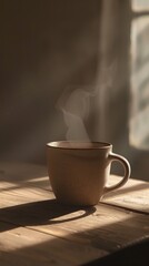 Cup of coffee sitting on a table with a window in the background