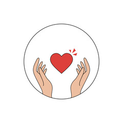 Hands holding red heart symbol in a circle on white background