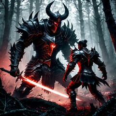 An intense illustration of dark fantasy warriors, clad in black armor, engaged in a fierce battle in a mystical forest.