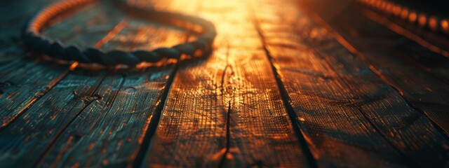 A close-up of coiled cables on a textured wooden floor, with soft lighting casting gentle shadows.