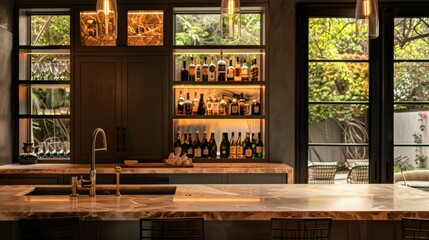Naklejka premium A stylish luxury home bar with a marble countertop, pendant lighting and a selection of premium spirits