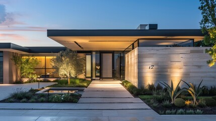 Modern entrance with a pivot door, architectural lighting and sculptural landscaping
