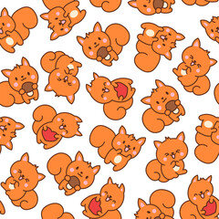 Cute kawaii squirrel. Seamless pattern. Funny forest wild cartoon animal characters. Hand drawn style. Vector drawing. Design ornaments.