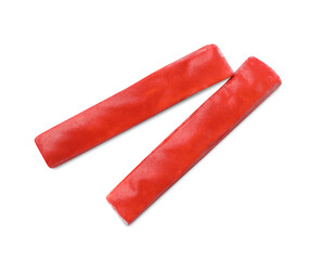 Tasty crab sticks isolated on white, top view