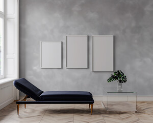 Triple frame mockup over a soft gray wall, navy chaise lounge, minimalist glass table; ultra-realistic 3D.