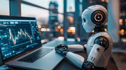 Robot sing technology AI for working tool for data analysis on laptop