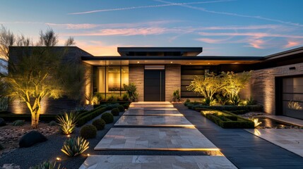 Modern entrance with a pivot door, architectural lighting and sculptural landscaping