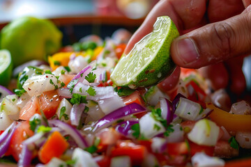 A close-up shot of a hand squeezing a lime wedge over a plate of fresh ceviche, the vibrant colors of the chopped vegetables and glistening white fish filling the frame.  - Powered by Adobe