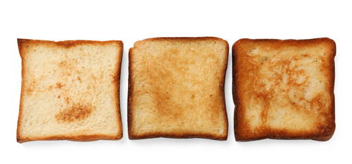 Pieces of fresh toast bread isolated on white, top view