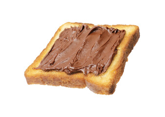 Piece of fresh toast bread with tasty chocolate paste isolated on white