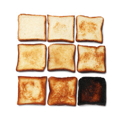 Toasting doneness. Bread slices of different shades isolated on white, top view