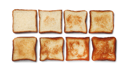 Toasting doneness. Bread slices of different shades isolated on white, top view