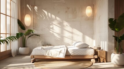 A cozy minimalist bedroom features a low wooden bed, lush green plants, and soft morning sunlight streaming through large windows.
