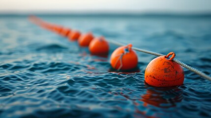 A close-up of marine cables and buoys floating on water, with gentle ripples creating texture.