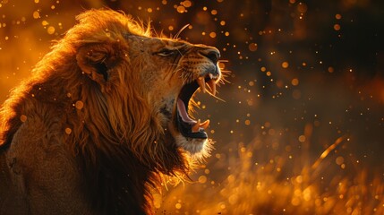 Naklejka premium Wildlife in Action: A close-up shot of a majestic lion in the African savannah, captured mid-roar. The raw power and beauty of the animal are emphasized against the backdrop of the wild landscape