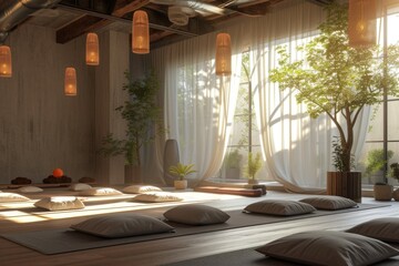 Many pillows on the floor in a room, yoga studio