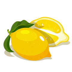 Vector whole and half fresh lemon fruits with leaves isolated on white background.
