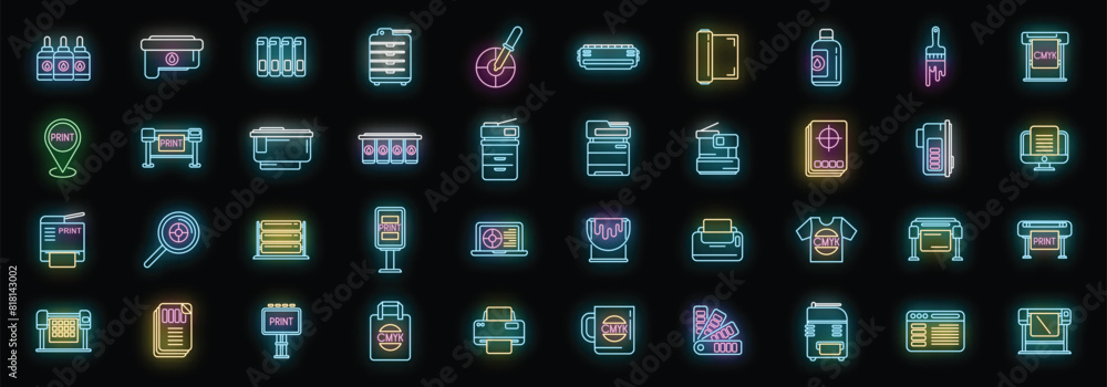 Aufkleber digital printing icons set outline vector. computer printer. paper digital neon color on black