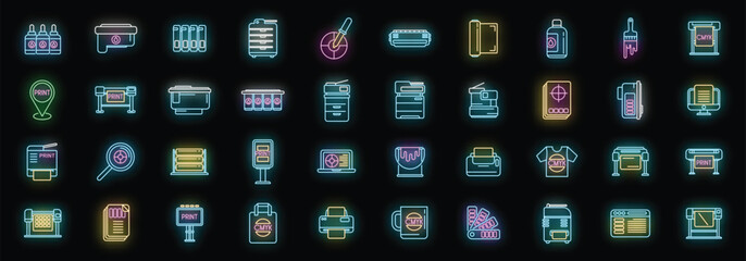Digital printing icons set outline vector. Computer printer. Paper digital neon color on black