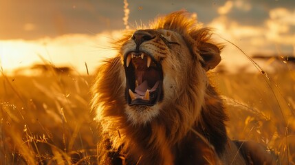 Wildlife in Action: A close-up shot of a majestic lion in the African savannah, captured mid-roar....