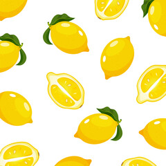 Vector lemon pattern with whole and half lemons with leaves isolated on white background.
