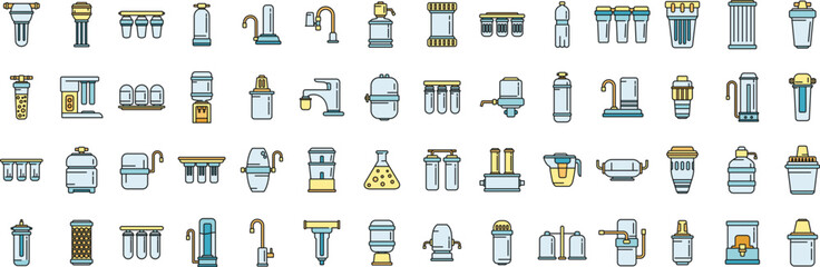 Equipment for water purification icons set outline vector. Filter treatment. Drink tank thin line color flat on white