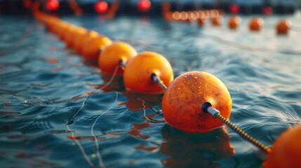 A close-up of marine cables and buoys floating on water, with gentle ripples creating texture.